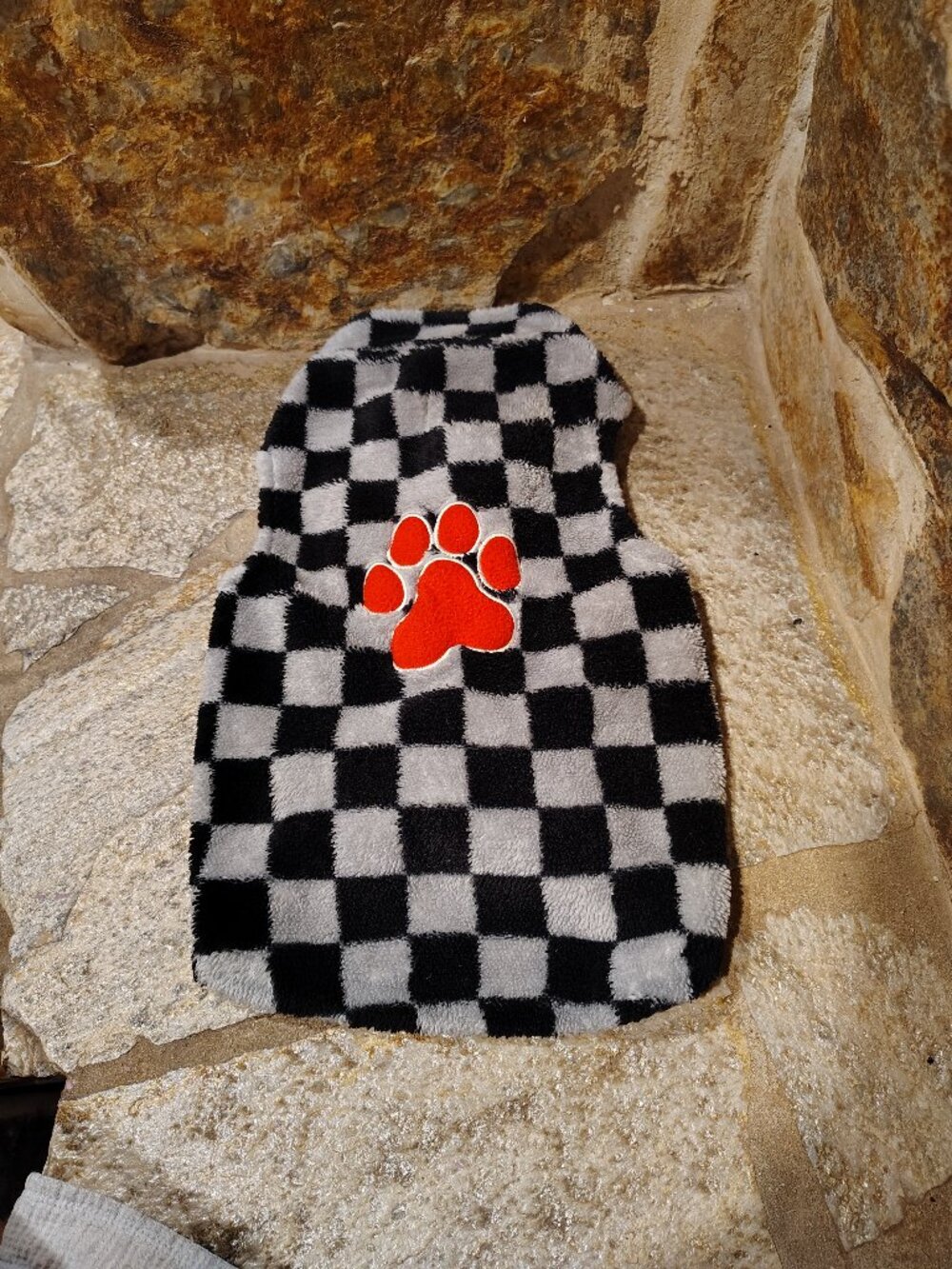 Dog Shirt Size Large Fuzzy Fleece Checkered Grid Paw Print Black Gray Polyester